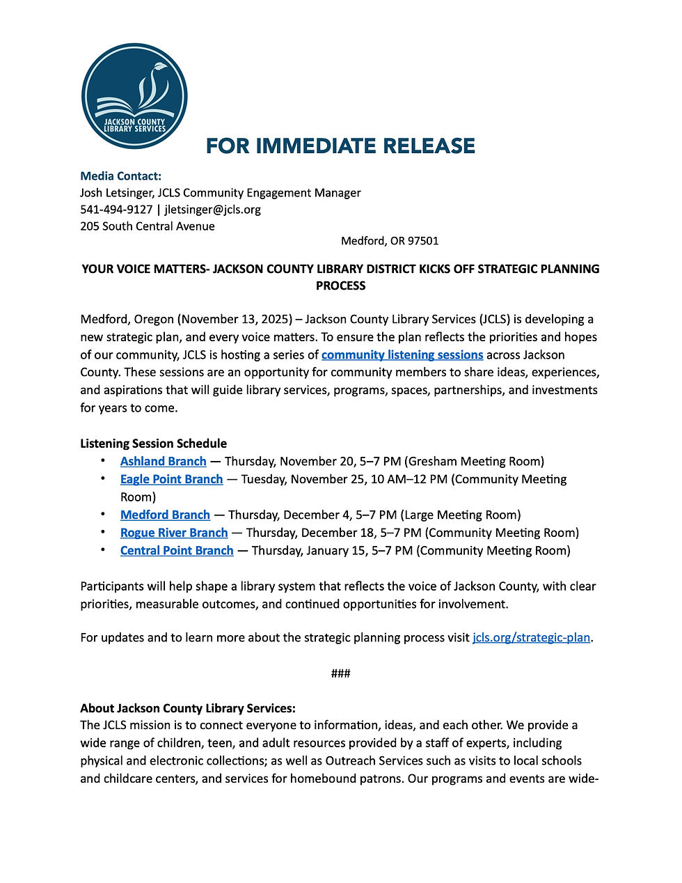 YOUR VOICE MATTERS- JACKSON COUNTY LIBRARY DISTRICT KICKS OFF STRATEGIC PLANNING PROCESS