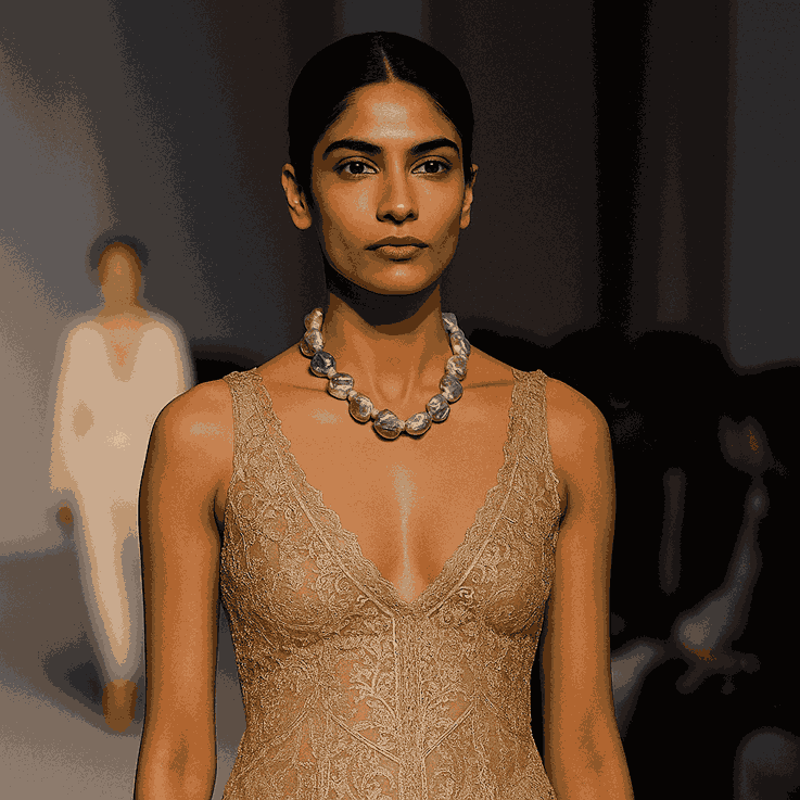 A South Asian model walks the runway at a fashion show wearing a statement Baroque pearl necklace, paired with a gold lace dress, showcasing the elegance and craftsmanship of the jewelry against a sophisticated backdrop.