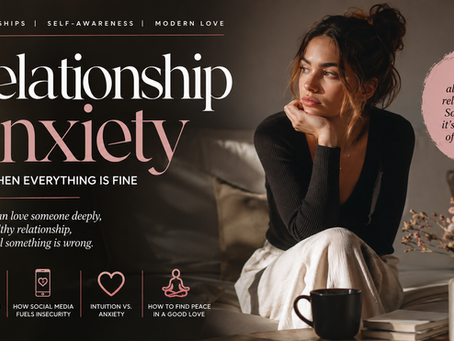 Relationship anxiety when everything is fine, featuring a thoughtful woman reflecting on a healthy romantic relationship in a modern lifestyle editorial setting