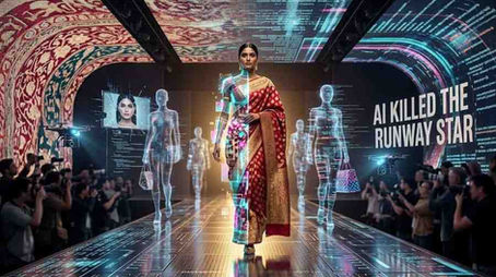 A futuristic fashion runway showcasing a split-screen effect on a model wearing a traditional red and gold Banarasi silk saree, transitioning into glowing digital data and pixels on one side. She is surrounded by translucent holographic AI-generated runway models, floating camera drones, and digital code overlays, while a crowd of photographers takes photos from the sides.