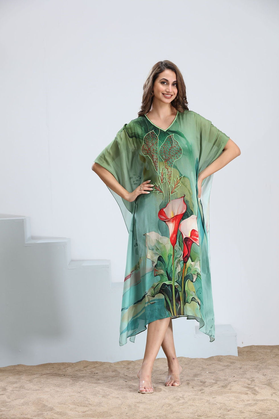 Shopdibz Viscose Chinon Kaftan In Green With Intricate Embroidery