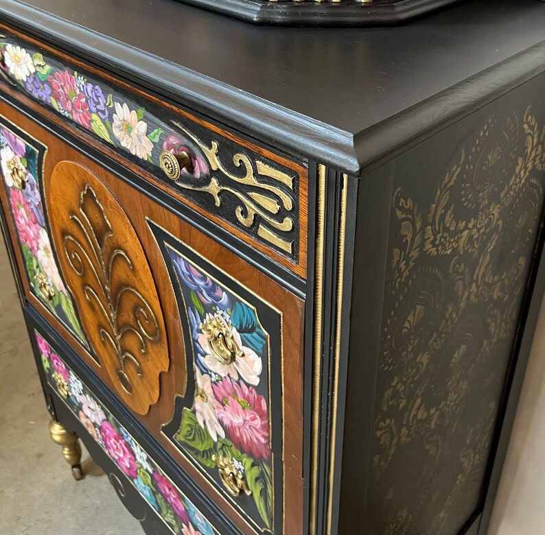 Thumbnail: Black Gold Floral Chest of Drawers | Bohemian Floral Dresser | Vintage Jacobean