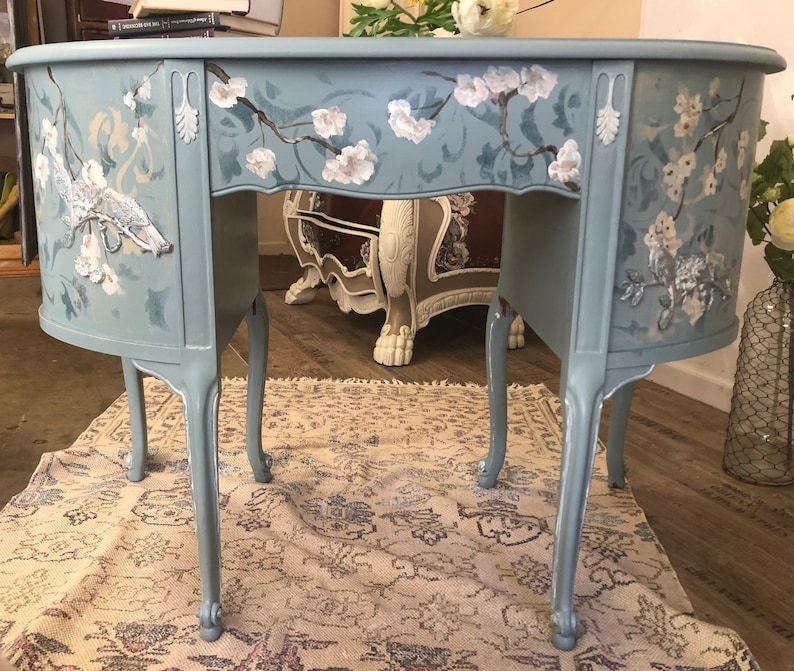 Thumbnail: SAMPLE CUSTOM PIECE French Provencial Kidney Shaped Desk / Romantic Floral Blue