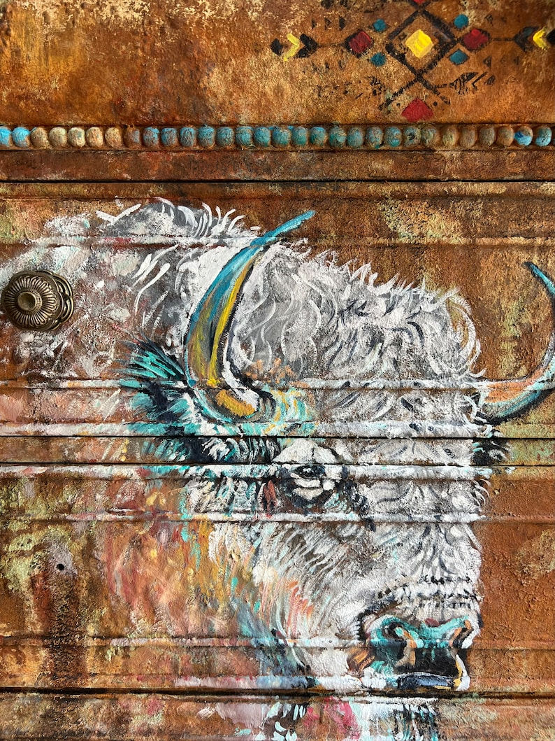 Thumbnail: SAMPLE CUSTOM PIECE Western Themed Rusted Patina Buffalo Tribal Art Chest