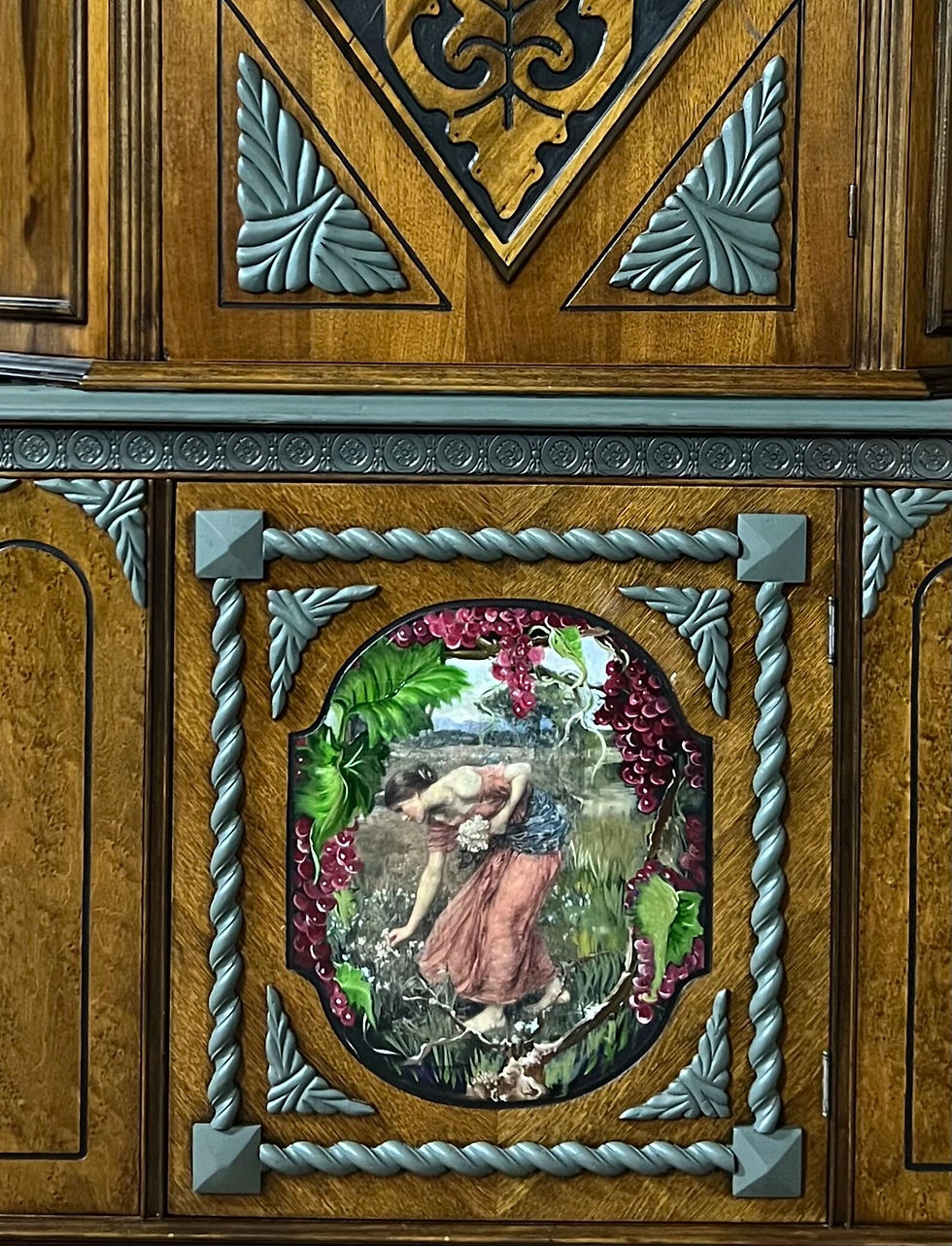 Thumbnail: Oak Jacobean Hutch Hand Painted Vinyard Mural