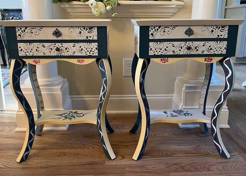 Thumbnail: Pair of Colorful Blue Yellow Tile Painted End Tables with a Hispanic Flaire