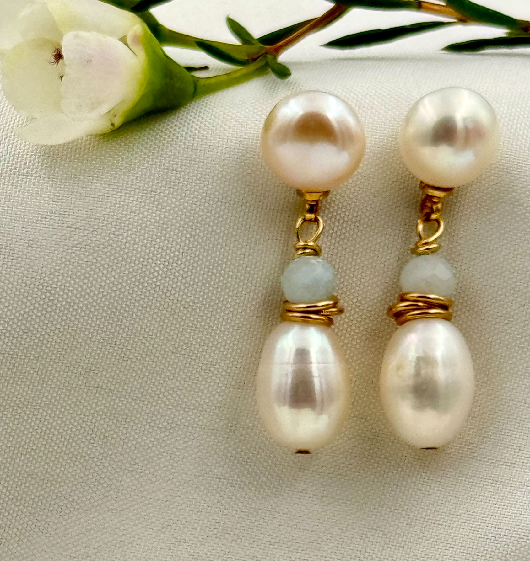 Anna Earrings -  Pearl Earrings with Aquamarine Accent