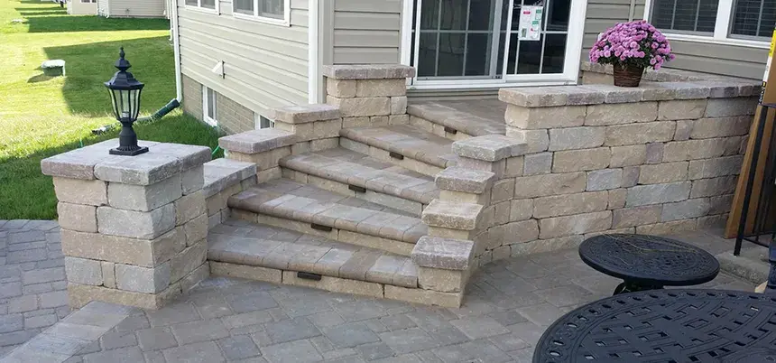 Paver step installation creating safe transitions between levels of landscaped yard