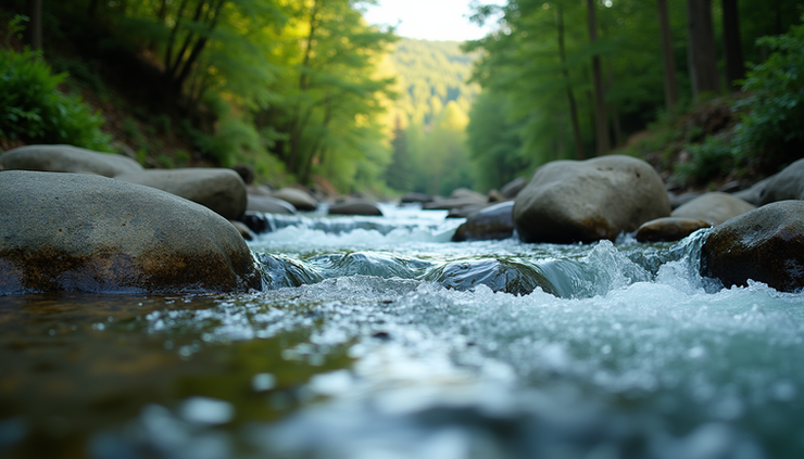 Eye-level view of the Imnaha River flowing through a forested canyon with clear water and rocky banks