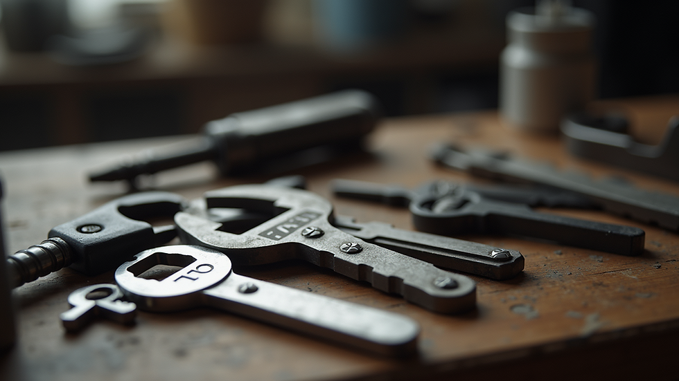 Close-up view of a locksmith’s tools laid out on a workbench