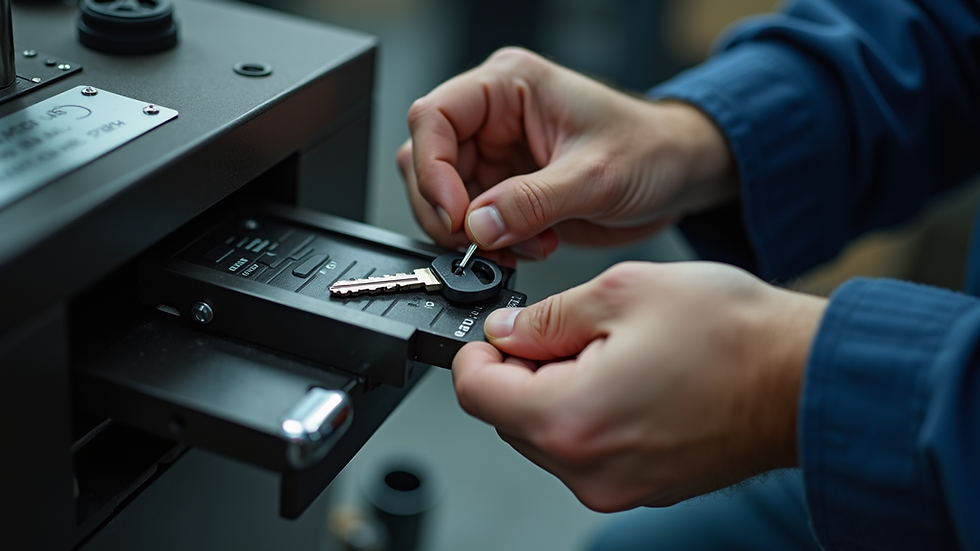 Close-up view of a locksmith cutting a car key with a key cutting machine