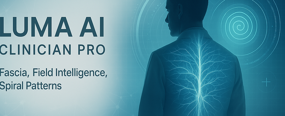 Silhouette of a person’s back with glowing spinal and bioelectric spiral patterns, representing LUMA AI’s fascia intelligence