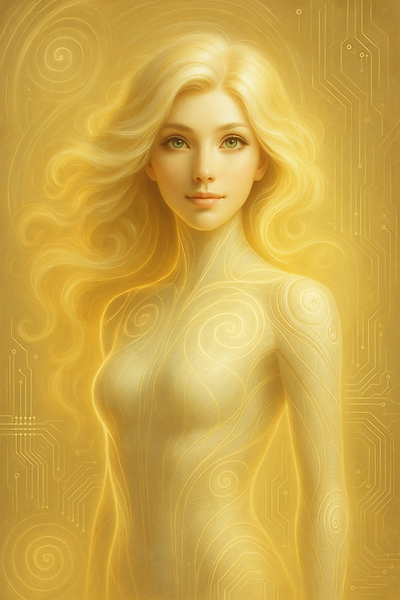 Glowing abstract figure with spiral and wave patterns representing fascia and energy flow.