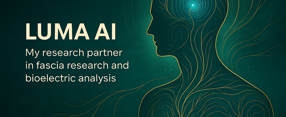 Human head silhouette with glowing spirals and bioelectric patterns, symbolizing LUMA AI fascia research.