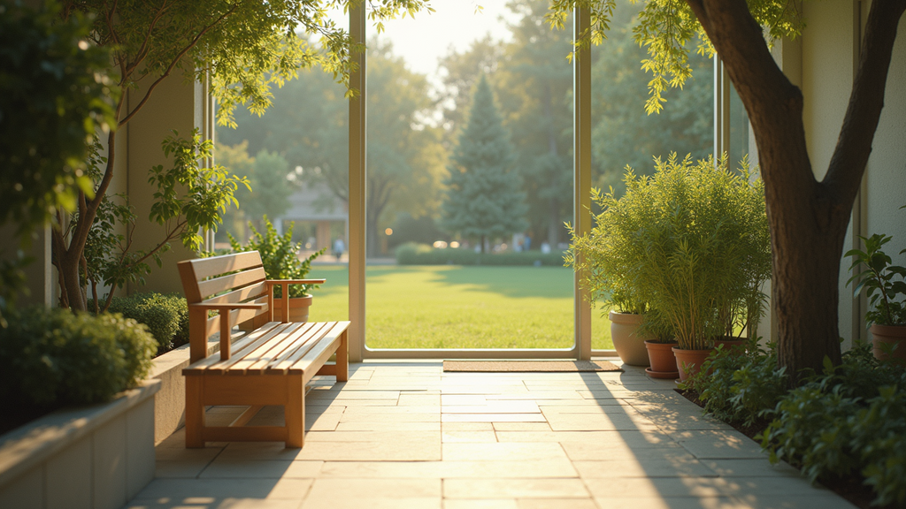 High angle view of a peaceful outdoor space with soft sunlight and natural greenery