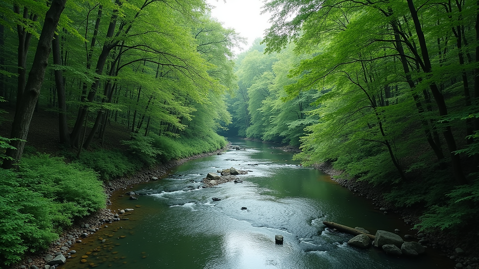 High angle view of a calm river flowing through a lush green forest