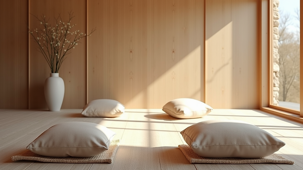 High angle view of a peaceful meditation space with soft cushions and natural light