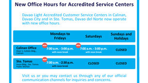 Davao Light Announces New Office Hours for Accredited Customer Service Centers in Calinan and Sto. Tomas