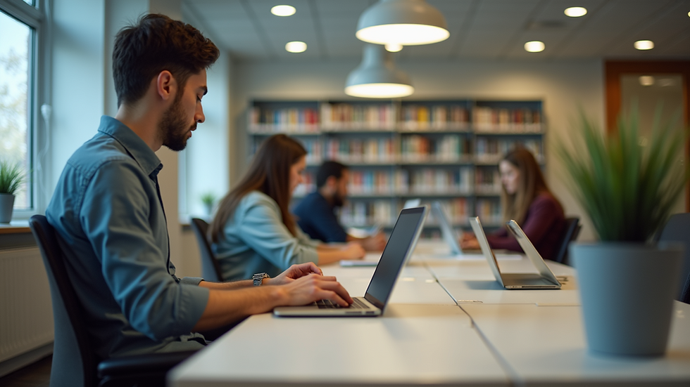 Eye-level view of a student working on a laptop in a modern study space