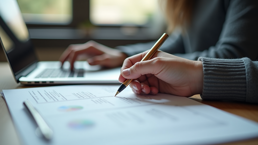 Close-up view of a student filling out application forms with a laptop and documents
