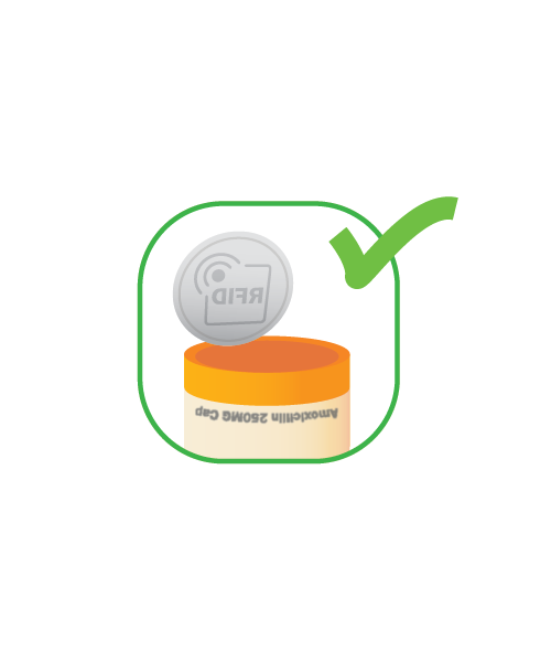 A medication bottle with an RFID label being applied to the bottom
