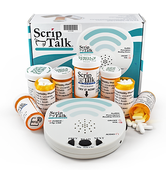 A collection of ScriptAbility solutions. There's a ScripTalk 3 box, many medication bottles including ScriptView, ScripTalk and BrailleRx options, and a ScripTalk Station 3 sits front and center.