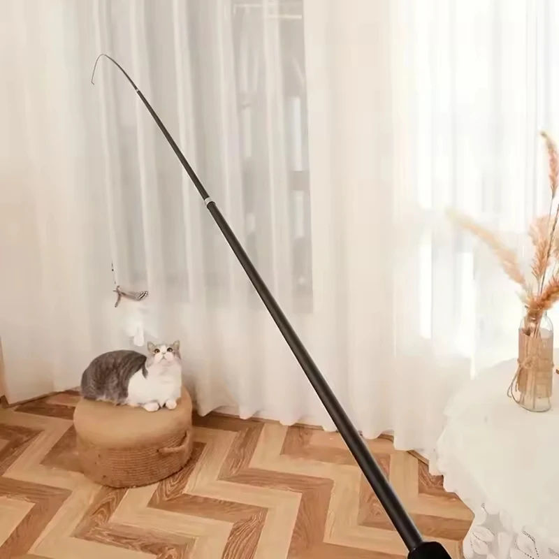 Extendable Long Pole Cat Toy Artificial Feather Interactive Teaser Wand Pet Cat