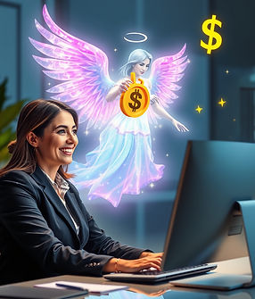 a business woman , smiling, looking at her computer and an iridescent angel who is floatin