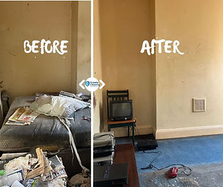 Split image showing a room transformation: Left side cluttered with a messy bed and papers; right side clean with a small TV on a chair