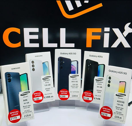Display of Samsung Galaxy phones with boxes at Cell Fix store. Each phone shows special offer prices, set against a branded backdrop