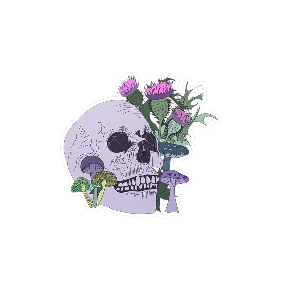 Thumbnail: Skull with Mushrooms and Thistles | |  Vinyl Decal Sticker
