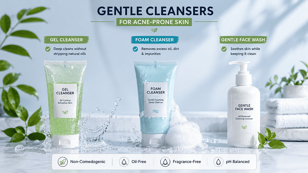 Gentle cleansers for acne-prone skin including gel cleanser, foam cleanser, and face wash suitable for oily skin.