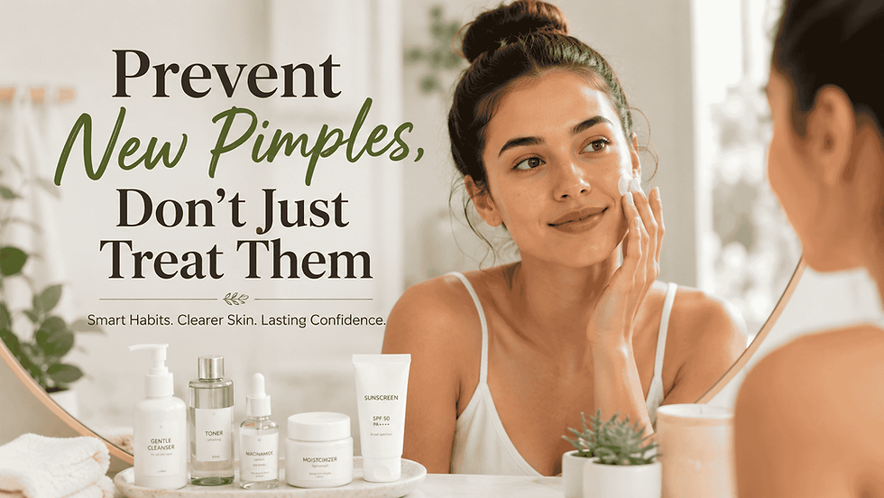 Woman following a daily skincare routine in front of a mirror to help prevent new pimples and maintain clear, healthy skin.