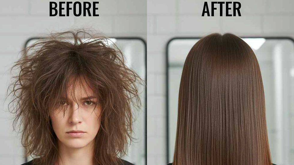 Before-and-after comparison showing frizzy hair vs smooth hair after using hair serum for frizz control.