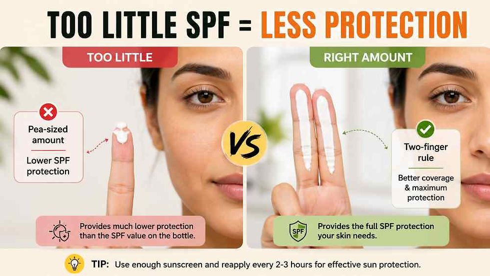 Correct vs incorrect sunscreen amount for proper SPF protection.