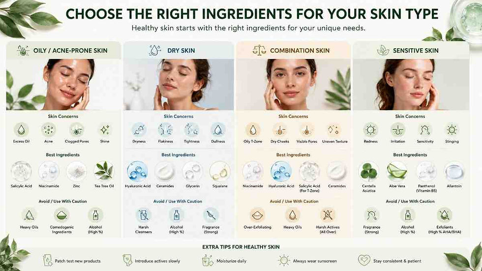 Best skincare ingredients for different skin types infographic.