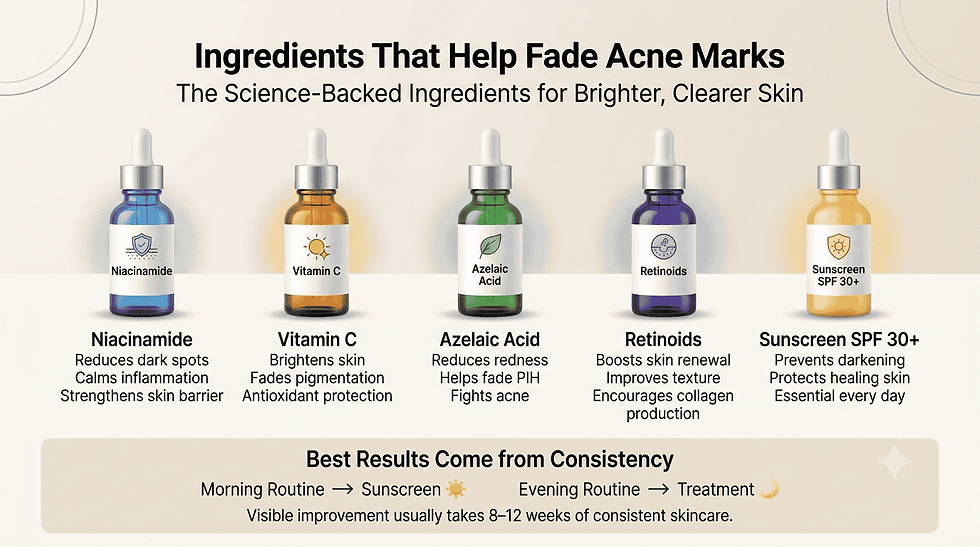 Infographic highlighting niacinamide, vitamin C, azelaic acid, retinoids, and sunscreen for fading acne marks.