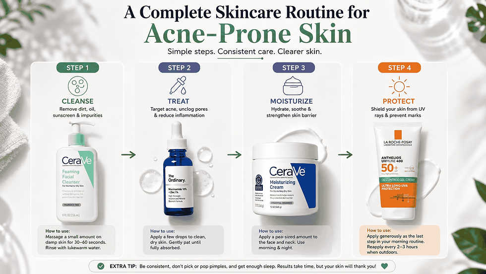 Step-by-step skincare routine for acne-prone skin featuring cleanser, acne treatment, moisturizer, and sunscreen.