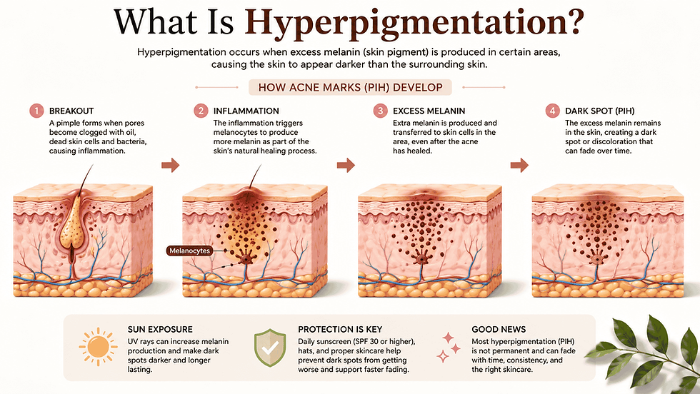 Illustration showing how post-inflammatory hyperpigmentation develops after acne heals.