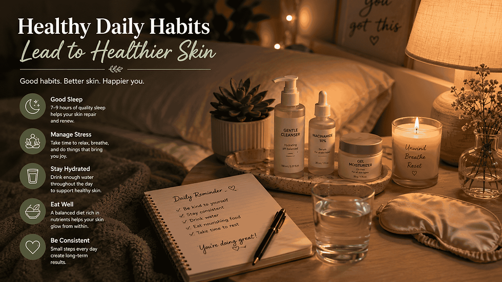 Nighttime skincare routine with clean bedding, moisturizer, water, and relaxing bedroom setup supporting healthy skin and acne prevention.