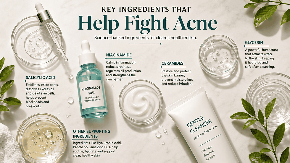 Infographic showing key acne-fighting skincare ingredients including salicylic acid, niacinamide, ceramides, and glycerin.