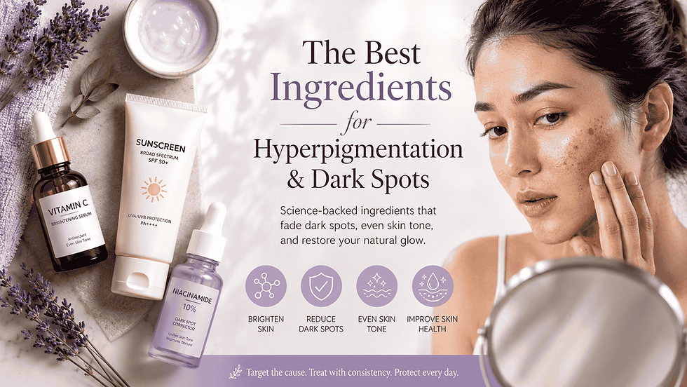 Best ingredients for hyperpigmentation including vitamin C, niacinamide, retinol, and sunscreen for fading dark spots.