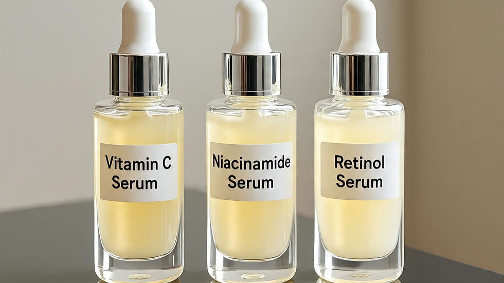 Assortment of facial serums representing powerful skin care ingredients like vitamin C, Retinol and Niacinamide serum.