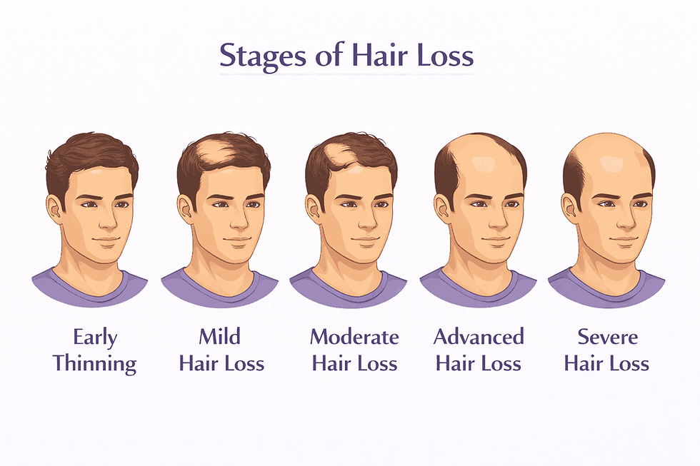 Stages of hair loss from early thinning to severe hair loss progression diagram
