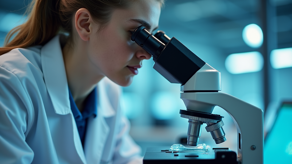 Eye-level view of a scientist analyzing cellular samples under a microscope