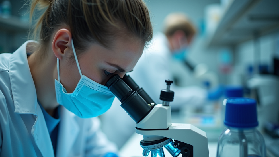 Eye-level view of a scientific researcher observing microscopic samples