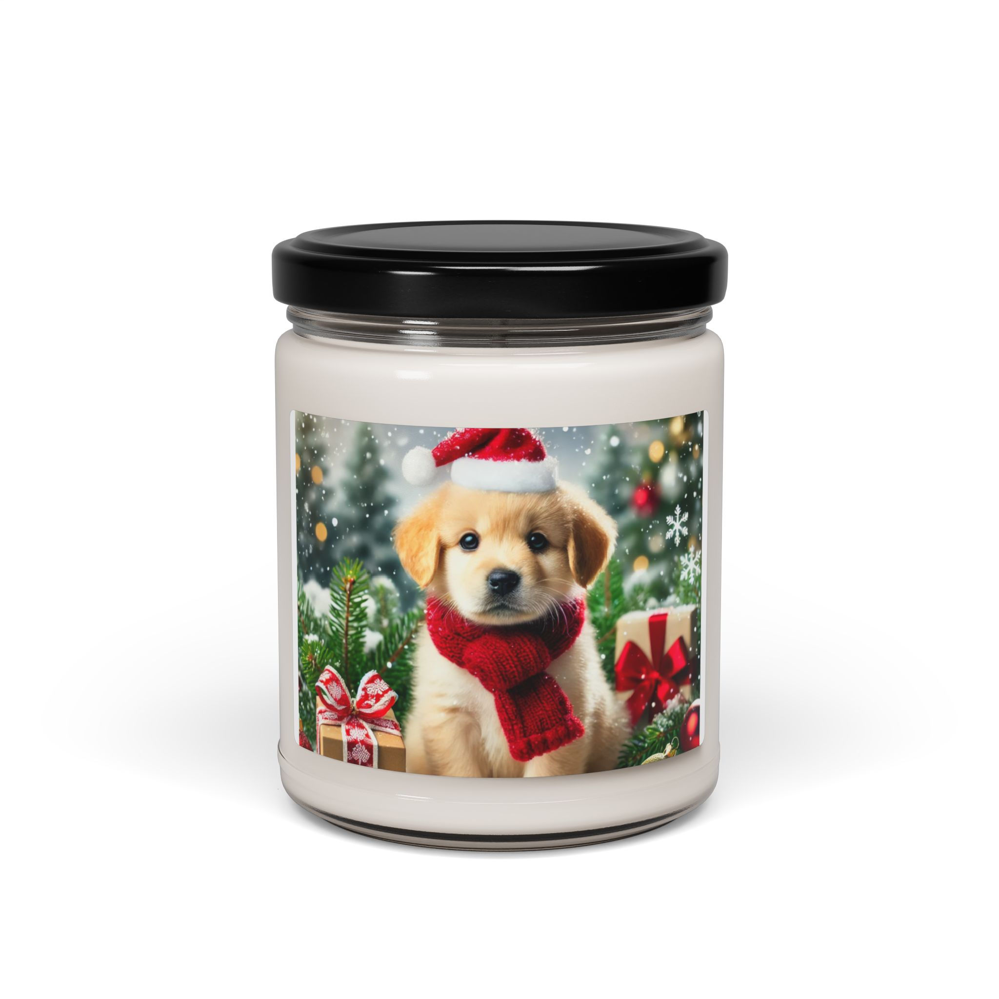 Soy Candle - Festive Puppy in December Holiday Setting