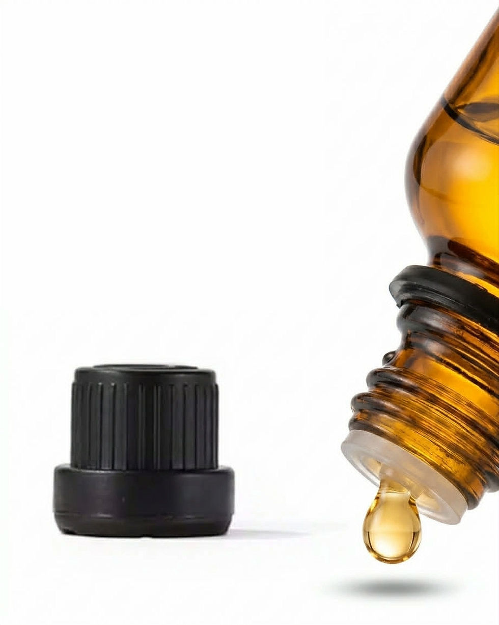 Close-up of Riveting Naturals Organic Monk Fruit bottle with a black travel cap and orifice reducer dispensing a single golden drop.