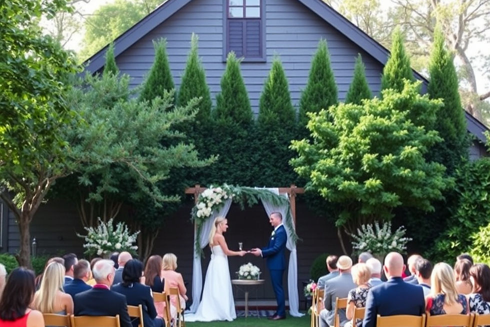 Backyard wedding with Bride and Groom next to a beautiful floral arch.