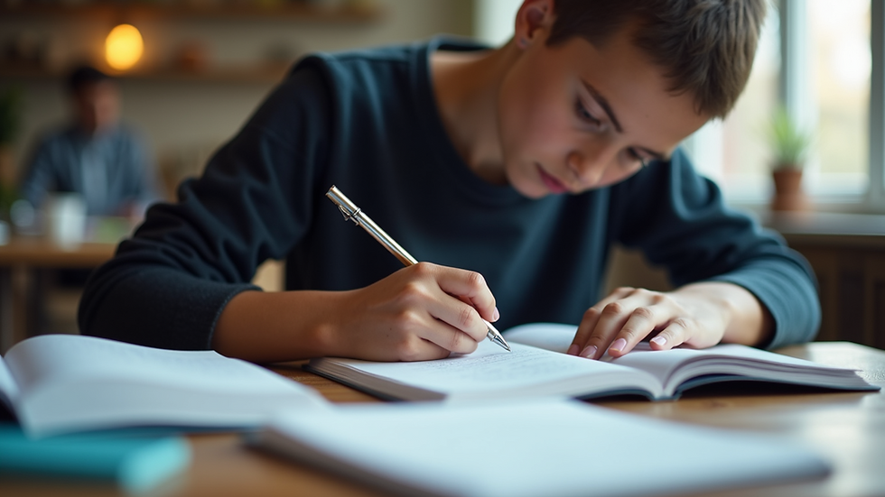 Close-up view of a student studying physics with books and notes
